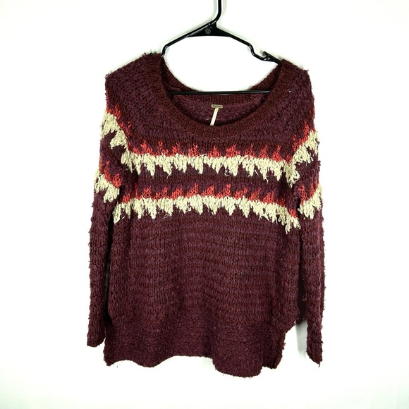 Free People Fuzzy Fair Isle Knitted Wool Sweater Gorpcore Winter Burgundy XS - Picture 3 of 10
